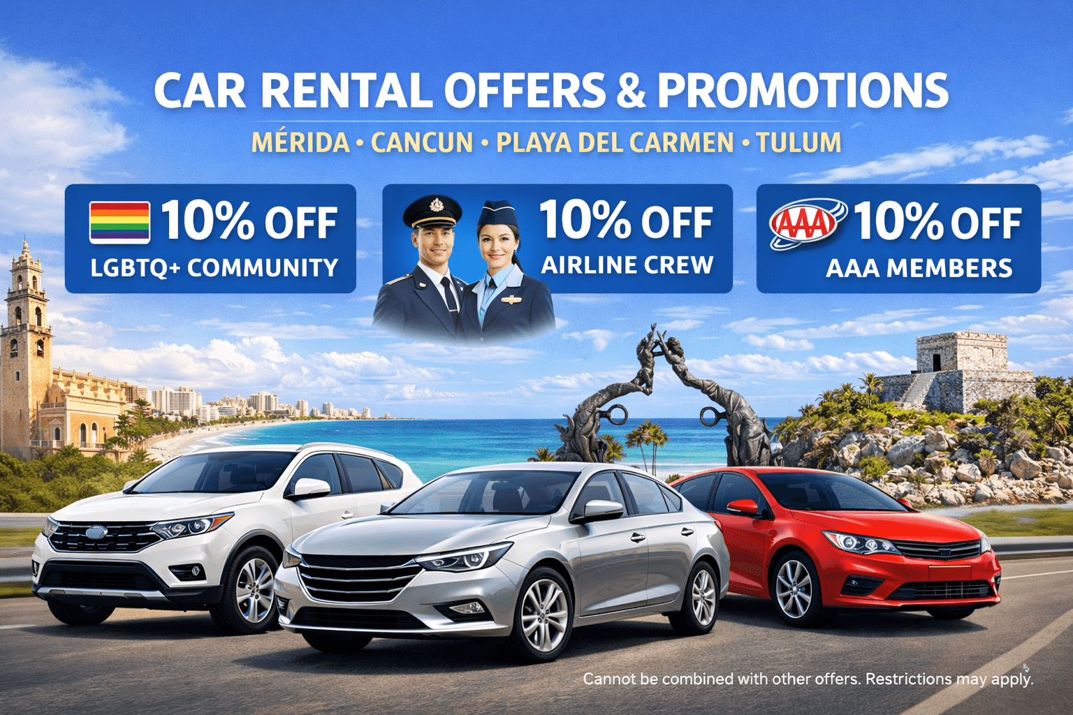 10% Discount for LGBTQ+, Airline Crew & AAA Members in Cancun, Playa del Carmen, Tulum and Mérida